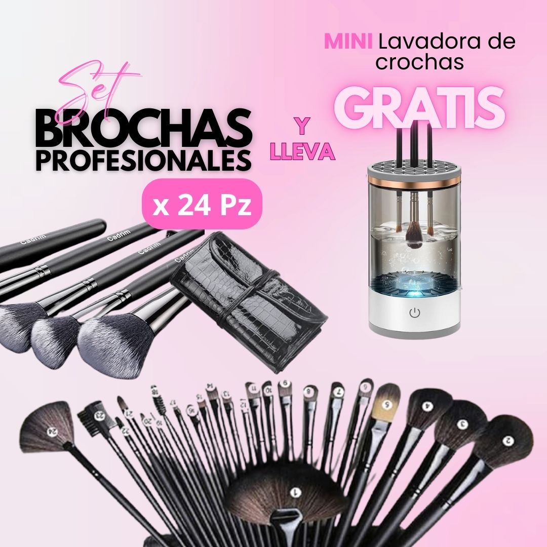 ProBrush™ - Set x 24 Brochas Profesionales con Estuche de Cuerina + Lavadora de Brochas GRATIS"