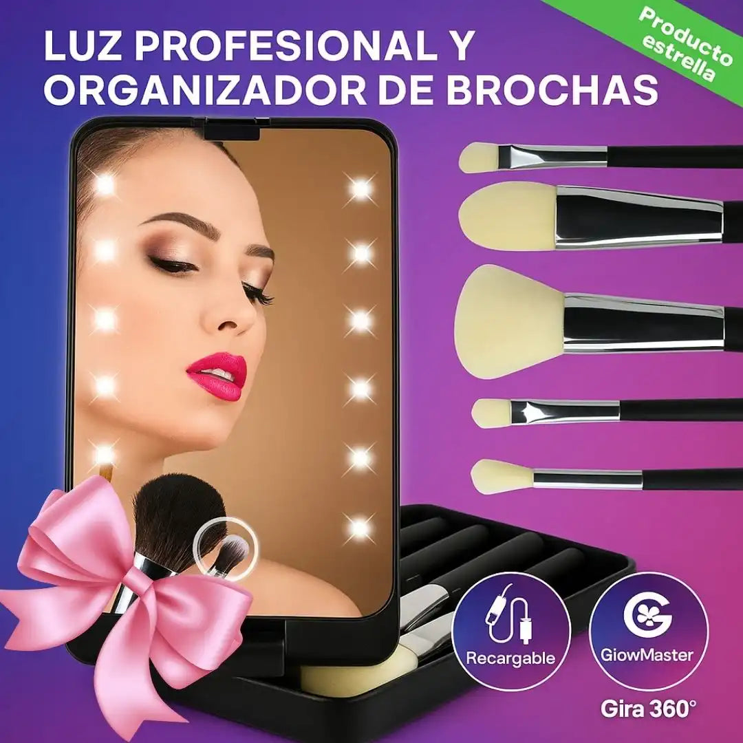 GlowMaster™ - Espejo LED 360° Recargable + Brochas Gratis