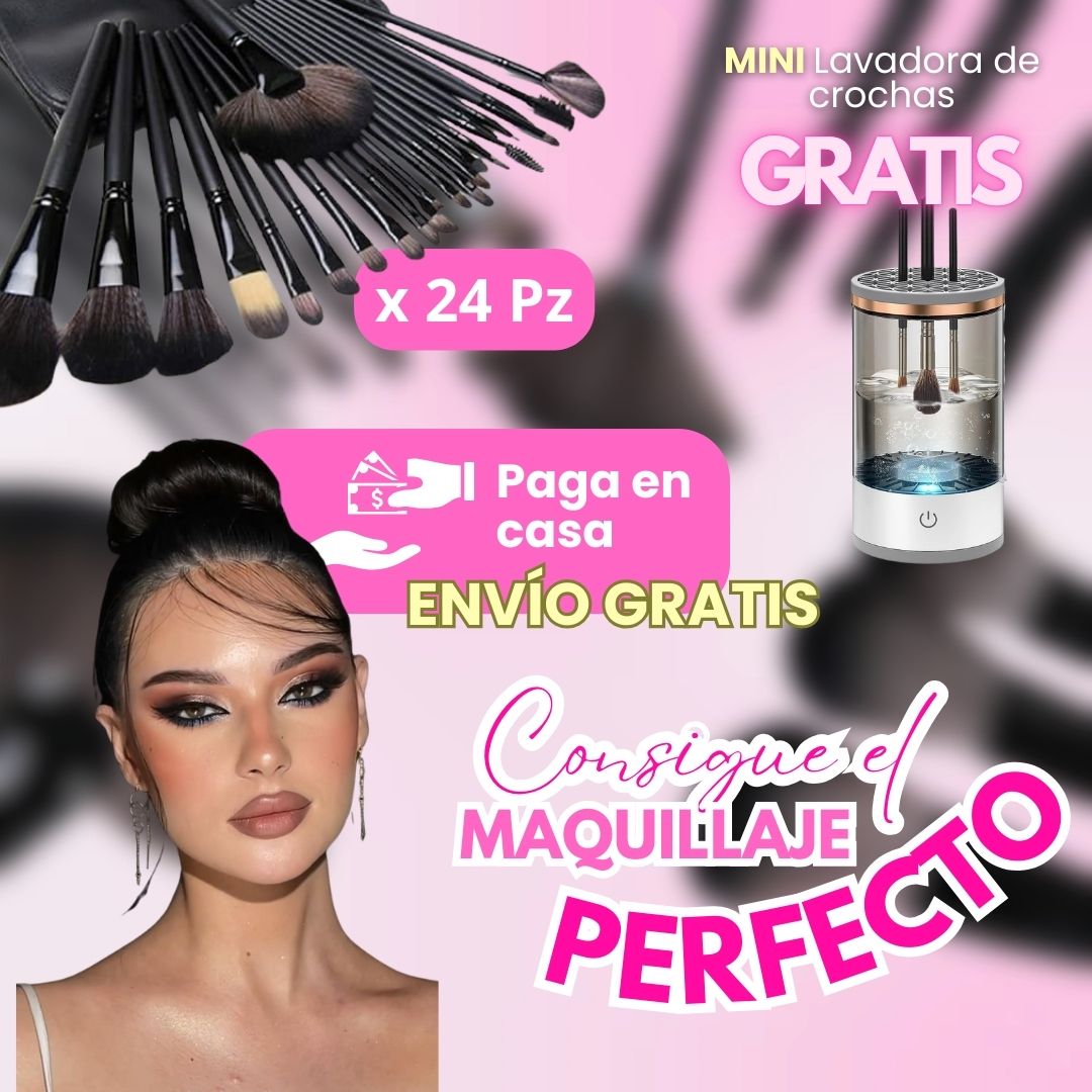 ProBrush™ - Set x 24 Brochas Profesionales con Estuche de Cuerina + Lavadora de Brochas GRATIS"