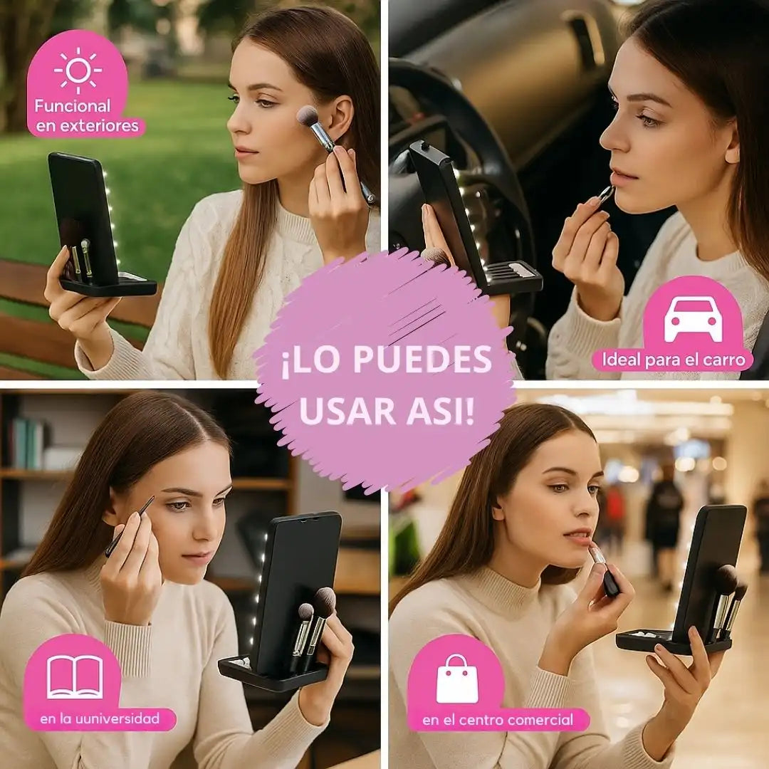 GlowMaster™ - Espejo LED 360° Recargable + Brochas Gratis