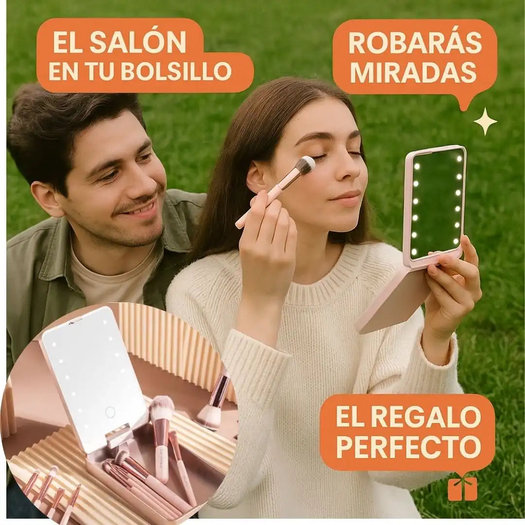 GlowMaster™ - Espejo LED 360° Recargable + Brochas Gratis