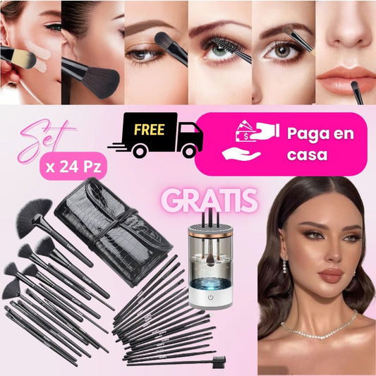 ProBrush™ - Set x 24 Brochas Profesionales con Estuche de Cuerina + Lavadora de Brochas GRATIS"